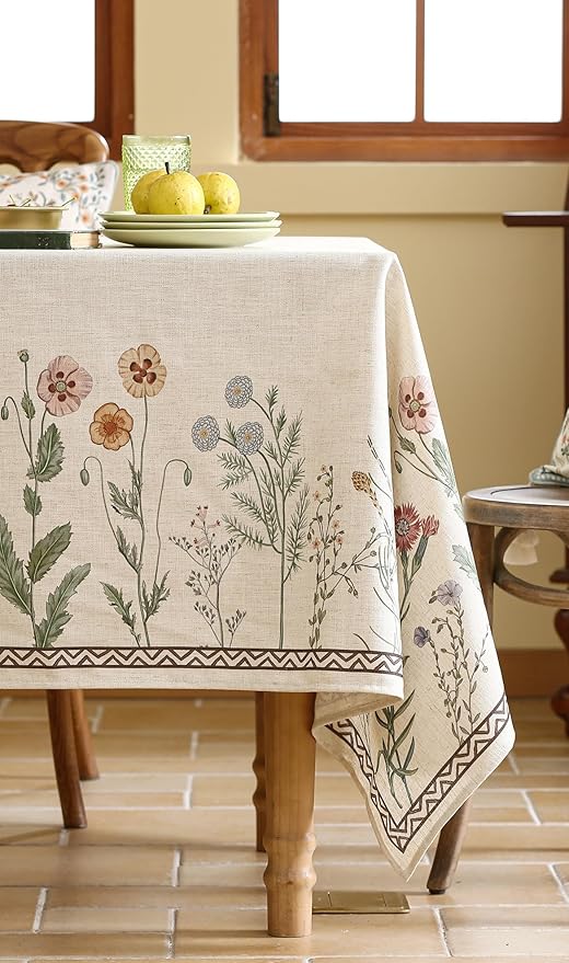 ISAENNE Designer Off White Linen Long Tablecloth Rectangular,Floral Elegant Table Cloth,Stain Resistant Vintage Decor Tablecloths for Dining Thanksgiving Kitchen Christmas,63"*94"-Serenity G