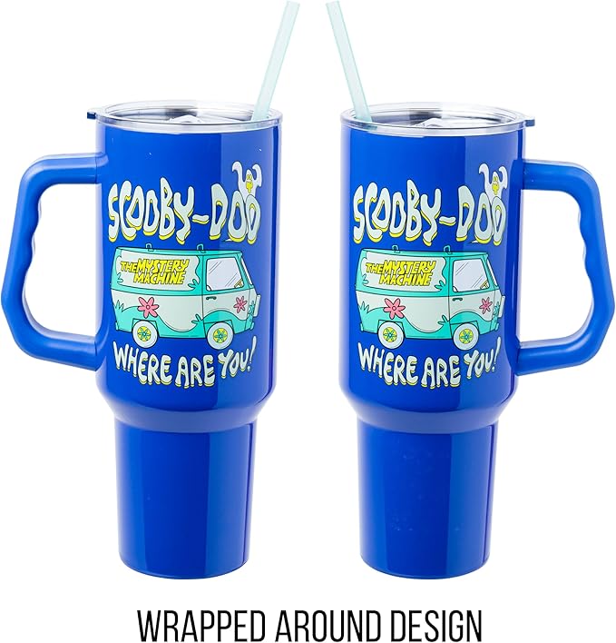 Silver Buffalo Scooby-Doo “Where Are You!” Stainless Steel Tumbler with Handle Featuring The Mystery Machine, Fits in Standard Cup Holder, 40 Ounces