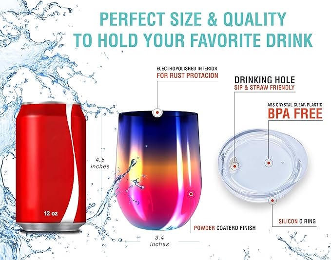 CHILLOUT LIFE 12 oz Stainless Steel Wine Tumblers 2 Pack - Double Wall Vacuum Insulated Wine Glasses Cups with Lids and Straws Set Keeping Cold & Hot for Coffee, Beer, Ice Cream - Colorful Rainbow