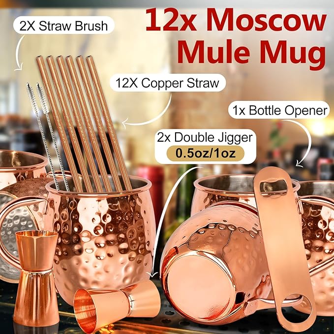 LINALL Moscow Mule Copper Mugs- Set of 12 Copper Plated Stainless Steel Mug 18oz, for Chilled Drinks (12 pcs)