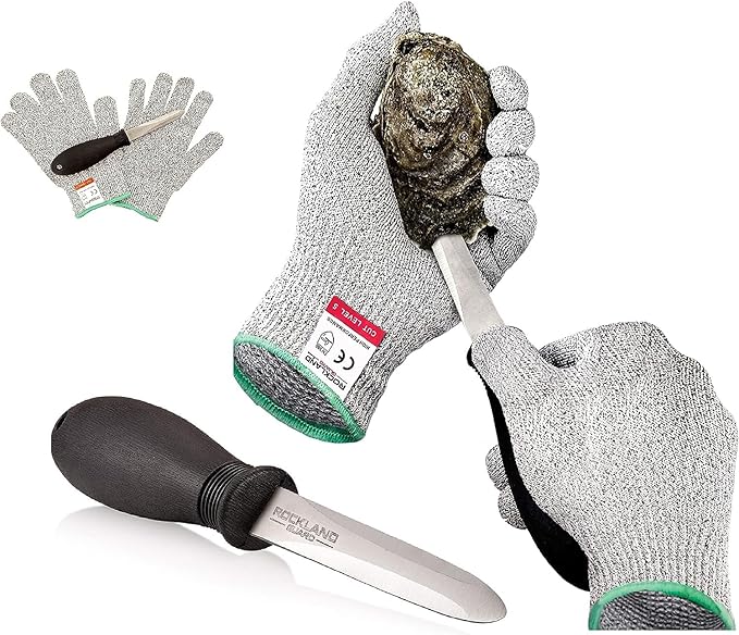 Rockland Guard Professional Oyster Shucking Knife Set - Includes 3.5" Stainless Steel Oyster Shucker with Non-Slip Handle & Bent Tip, Kitchen Cutting Gloves - Food-Grade, Dishwasher-Safe Seafood Tools Set - Medium