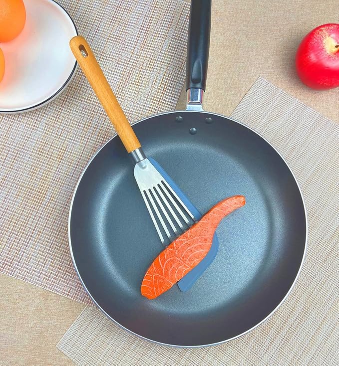 Fish Spatula Set for Nonstick Cookware Flexible Metal Fish Spatula Stainless Steel Small Fish Slotted Spatula Turner with Wood Handle