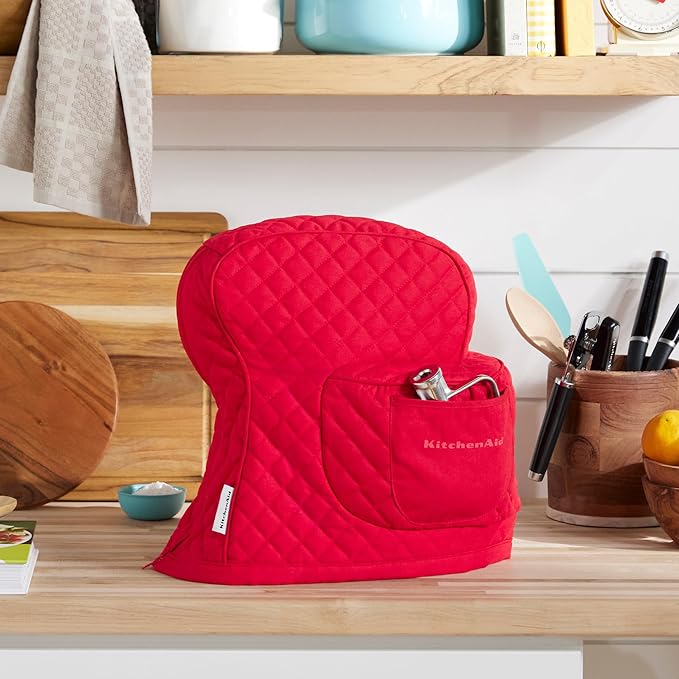 KITCHENAID Fitted Tilt-Head Stand Mixer Cover with Storage Pocket, Quilted 100% Cotton,14.4"x18"x10", Passion Red