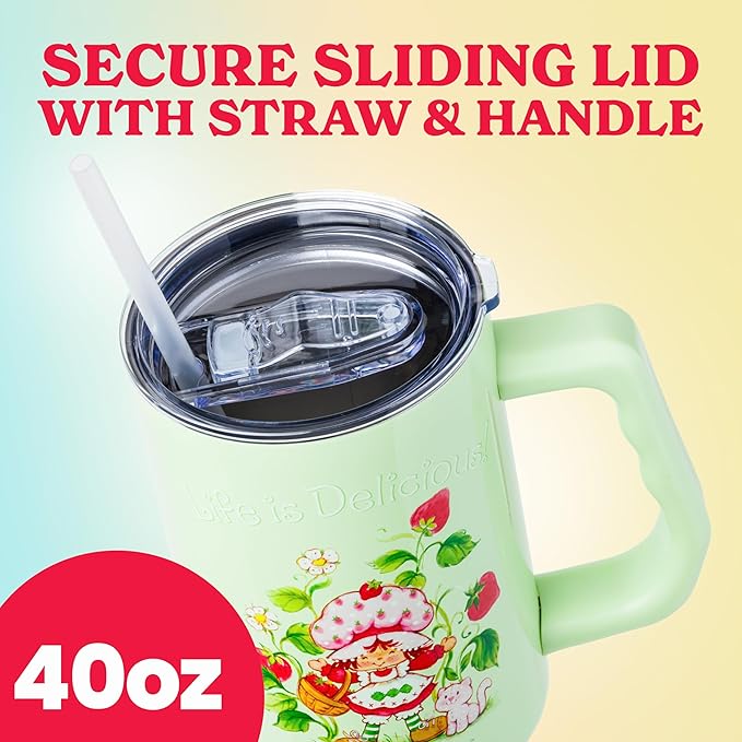 Silver Buffalo Strawberry Shortcake and Custard “Life is Delicious!” Stainless Steel Tumbler with Handle, Fits in Standard Cup Holder, 40 Ounces