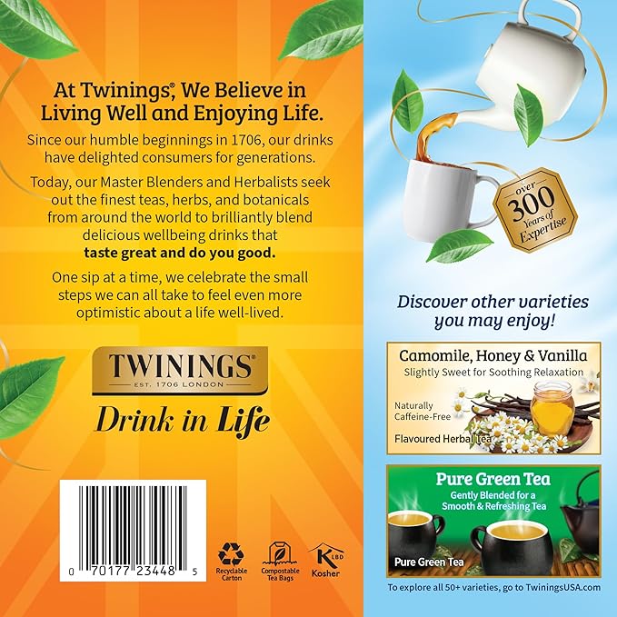 Twinings Pure Camomile Herbal Tea Individually Wrapped Bags, 100 Count (Pack of 1), Delicate for Pure Relaxation, Naturally Caffeine-Free, Enjoy Hot or Iced, 100 Teabags