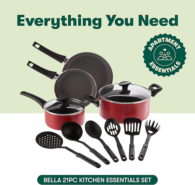 BELLA Cookware Set, 12 Piece Pots and Pans with Utensils, Nonstick PFOA Free Scratch Resistant Cooking Surface Compatible with All Stoves, Nylon and Aluminum, Red