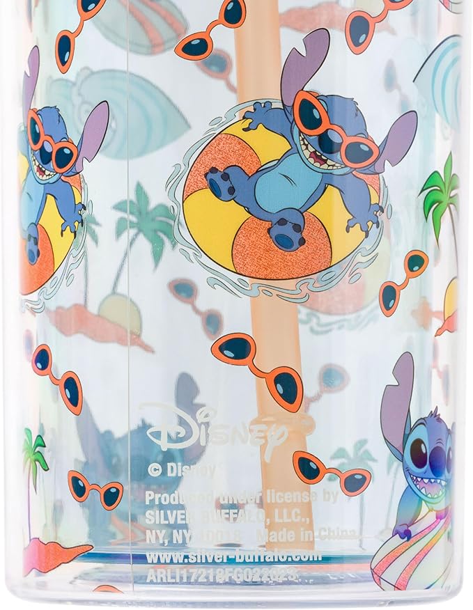 Silver Buffalo Disney Lilo and Stitch Beach Island Stitch in Floatie Swim Ring Plastic Glitter Cold Cup with Lid and Straw, 20 Ounces