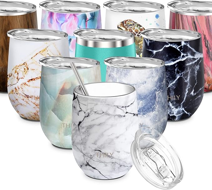 THILY Stainless Steel Stemless Wine Tumbler 12 oz Triple-Insulated Stemless Glass with Lid and Straw, Durable Reusable Travel Coffee Cup, Keep Hot or Cold for Wine, Coffee, Beer, Juice, White Marble