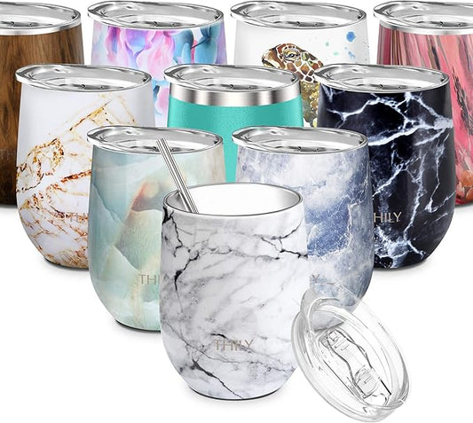 THILY Stainless Steel Stemless Wine Tumbler 12 oz Triple-Insulated Stemless Glass with Lid and Straw, Durable Reusable Travel Coffee Cup, Keep Hot or Cold for Wine, Coffee, Beer, Juice, White Marble