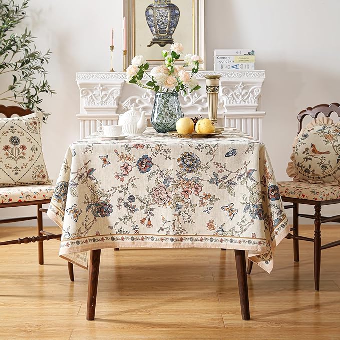 ISAENNE Designer French Light Beige Small Rectangular Tablecloth,Linen Florals and Birds Pattern Table Cloth,Anti-Wrinkle Decorative Tablecloths for Dining Thanksgiving Kitchen,55"*71"-Cornucopia