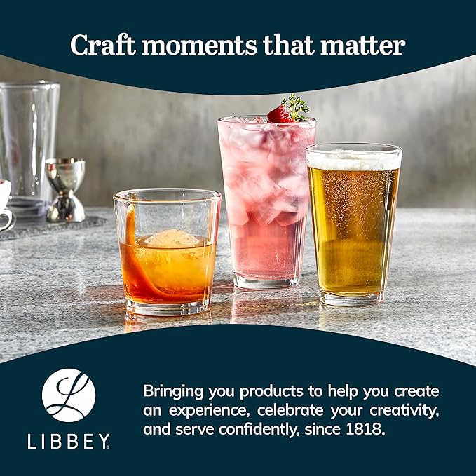 Libbey Bar Essentials Double Old Fashioned Glasses, 12 oz, Clear Restaurant Quality Drinking Glasses Set of 6, Modern Rocks Glass Set for Everyday Use