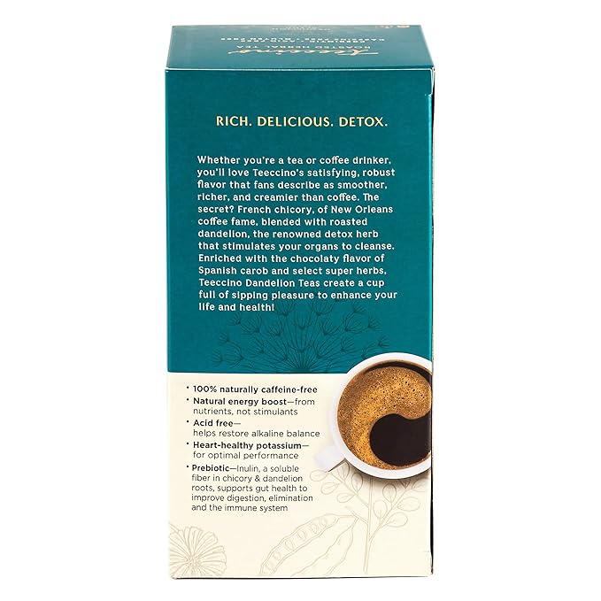 Teeccino Dandelion Mocha Tea - Caffeine-Free, Roasted Herbal Tea with Prebiotics, 3x More Herbs than Regular Tea Bags - Gluten-Free, Acid-Free Coffee Alternative - 25 Tea Bags (Pack of 3)