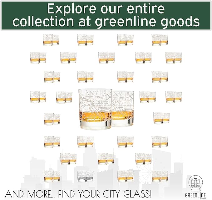 Greenline Goods Whiskey Glasses - 10 Oz Tumbler Gift Set for Washington, DC lovers, Etched with Washington, DC Map | Old Fashioned Rocks Glass - Set of 2