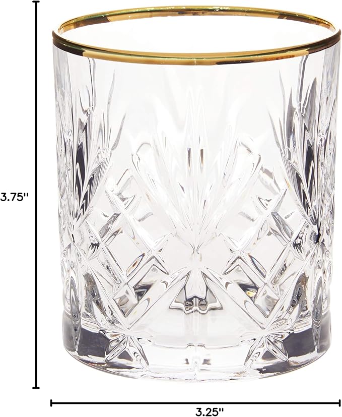 Lorren Home Trends Siena Collection Crystal Double Old Fashion Beverage Glass with Gold Band Design, Set of 4,10 FL OZ