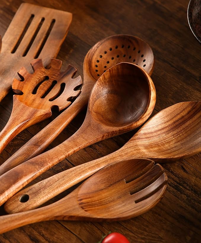 Wooden Kitchen Utensils Set with Holder, NAYAHOSE 11 Pcs Teak Wooden Cooking Spoons and Spatulas with Stainless Steel Storage Barrel