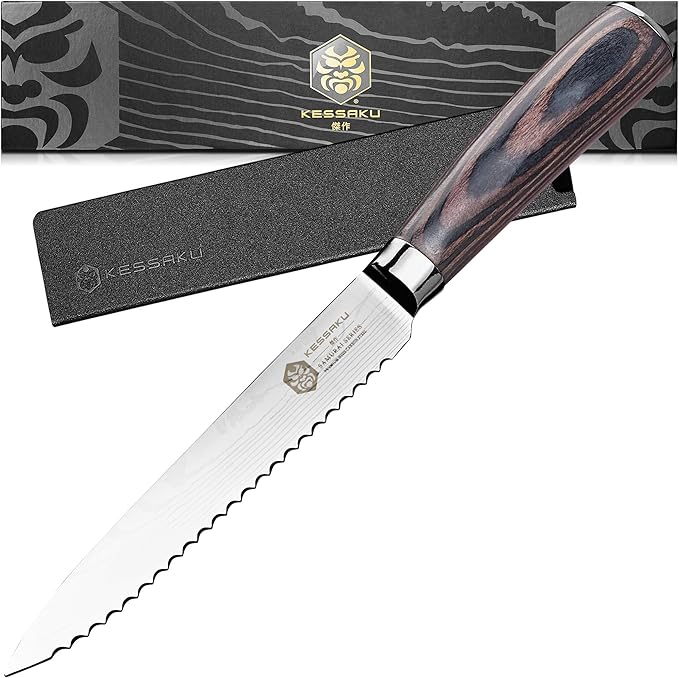 KESSAKU Serrated Utility Knife - 5.5 inch - Samurai Series - Razor Sharp Kitchen Knife - Forged 7Cr17MoV High Carbon Stainless Steel - Wood Handle with Blade Guard