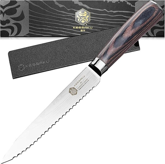 KESSAKU Serrated Utility Knife - 5.5 inch - Samurai Series - Razor Sharp Kitchen Knife - Forged 7Cr17MoV High Carbon Stainless Steel - Wood Handle with Blade Guard