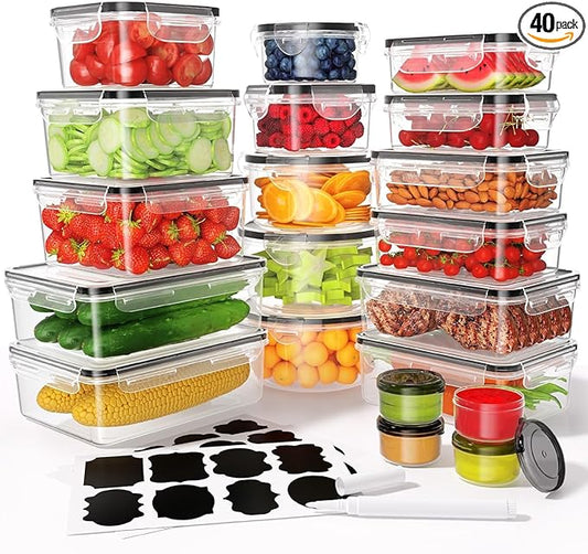 40 PCS Food Storage Containers with Lids Airtight (20 Containers & 20 Lids), Leak proof Meal Prep Container Set for Kitchen Storage, BPA-free, PVC-free Plastic, Microwave/Dishwasher Safe, Labels & Pen