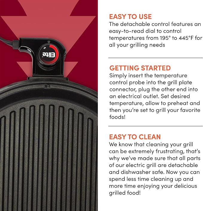 Elite Gourmet EMG6505G 12" Smokeless Indoor Electric BBQ Grill with Glass Lid Dishwasher Safe, Nonstick, Adjustable Temperature, Fast Heat Up, Low-Fat Meals Easy to Clean Design