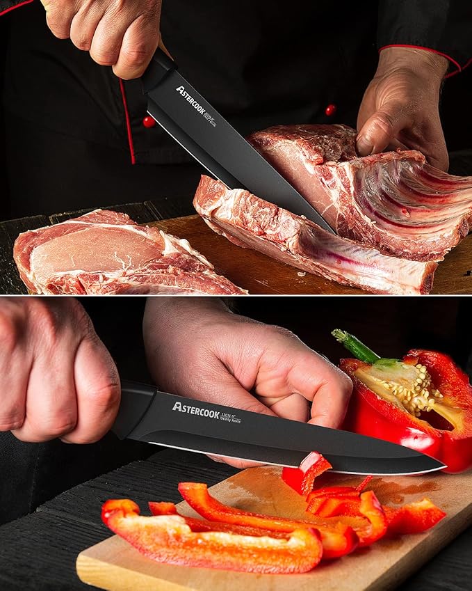 Astercook Knife Set, Kitchen Knife Set with Built-in Sharpener Block, Dishwasher Safe, 15 Pieces German Stainless Steel Knife Block Set, Black