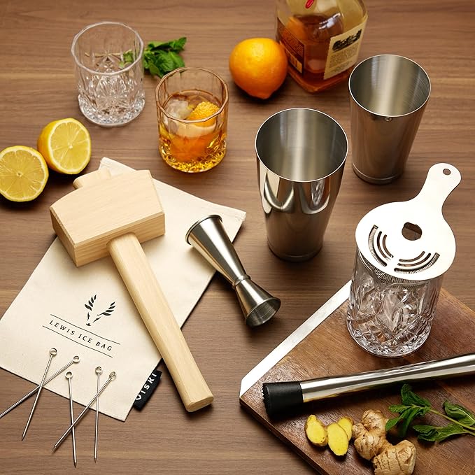 Viski Bartender Kit and Barware Set Includes Boston Cocktail Shakers, Mixing Glass, Jigger, Muddler, Strainer, Bar Spoon, Whiskey Glasses, Ice Bag, Mallet, and Cocktail Picks, Home Bar Gifts, 17-Piece