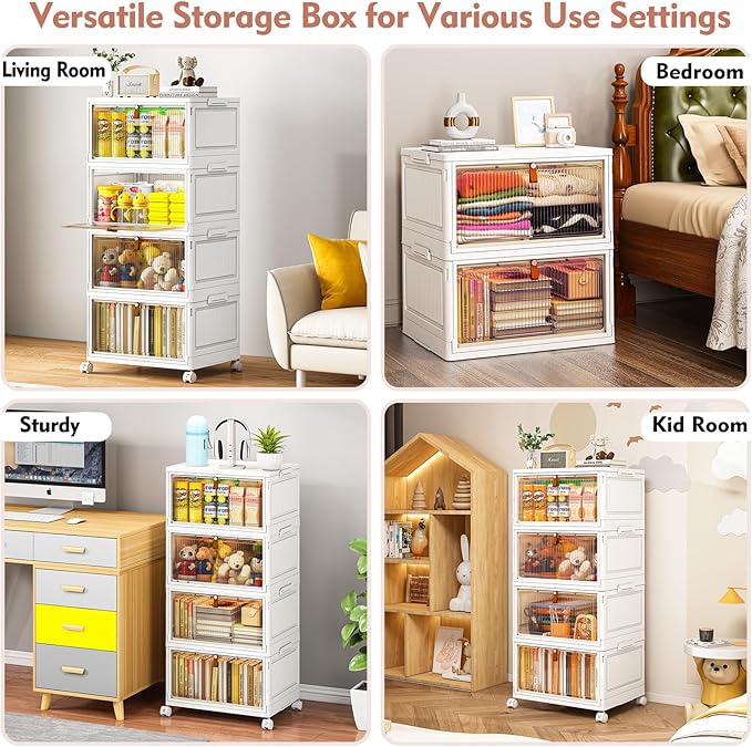 4 Tier Stackable Storage Bins with Lids, 28Qt Plastic Storage Containers with Magnetic Doors & Wheels, Convenient Storage Bins Closet Organizers, Household Organization for Home, Party, Office, Dorm