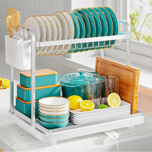 2-Tier Dish Drying Rack - Stainless Steel Dish Rack with Cutlery & Utensil Holders for Kitchen Counter, Sink Organization and Storage Essentials, Home Decor, 15" W x 11.4" L x 15" H, Silver