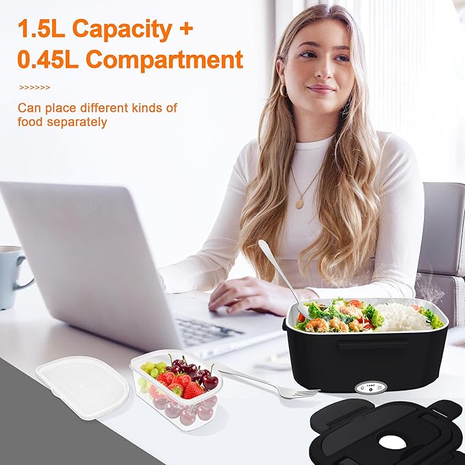 Electric Heated Lunch Boxes Adults: 80W Electric Lunch Box Food Heated 12/24/110V 1.5L Heatable Lunch Box for Car/Truck/Office Leak-Proof Stainless Steel Container,Fork & Spoon,Bag (Black)