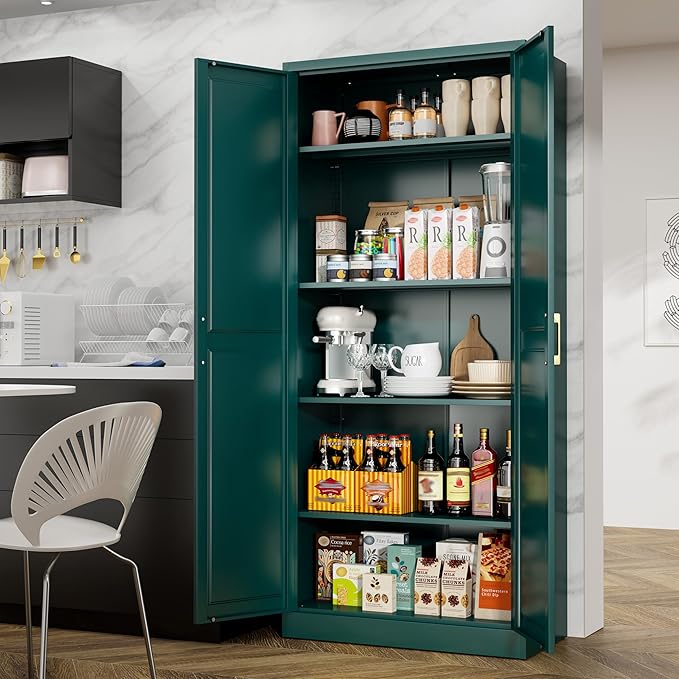 71" Tall Metal Storage Cabinet, Kitchen Pantry Storage Cabinets with Doors and 4 Shelves, Food Pantry Cabinet, Large Cupboard, Utility Steel Cabinets for Dining, Kitchen, Living Room, Green