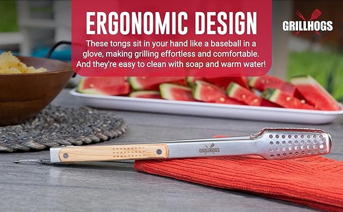 12" Tongs 18/0 Stainless Steel BBQ Grill Tongs with Ergonomic Real Oak Wood Handle for Cooking - Durable Grilling Accessory, Tongs for Cooking & Kitchen, Outdoor Barbecue, Easy to Clean