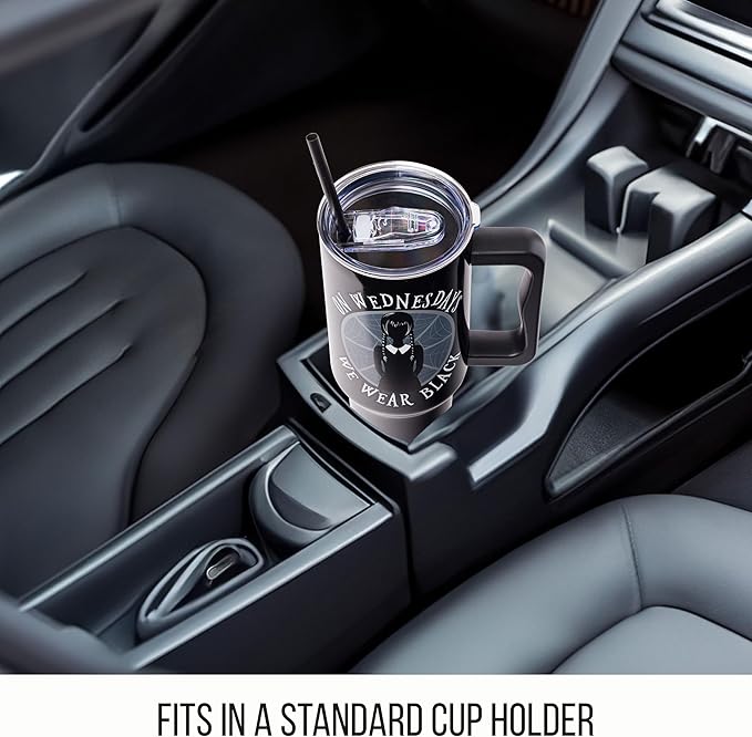 Silver Buffalo The Addams Family Wednesday On Wednesdays We Wear Black Stainless Steel Tumbler with Handle and Straw, Fits in Standard Cup Holder, 40 Ounces