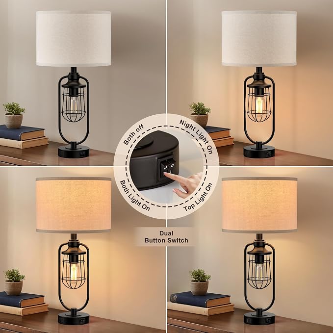 24" Farmhouse Table Lamps for Living Room Set of 2, Industrial Bedside Lamp for - Image 2