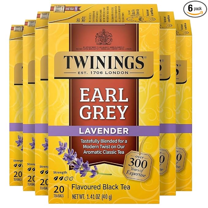 Twinings Earl Grey Lavender Black Tea Individually Wrapped Bags, 20 Count (Pack of 6), Citrus, Bergamot & Floral, Caffeinated, Enjoy Hot or Iced, 120 Teabags