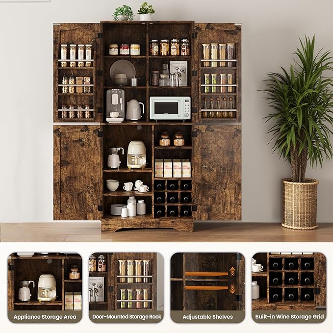 71" Tall Kitchen Pantry, Farmhouse Storage Cabinet with Doors, Shelves, Rustic Wood Cupboard, Built-in Wine Storage Grid & 6 Door Shelves for Kitchen, Dining Room, Rustic Brown