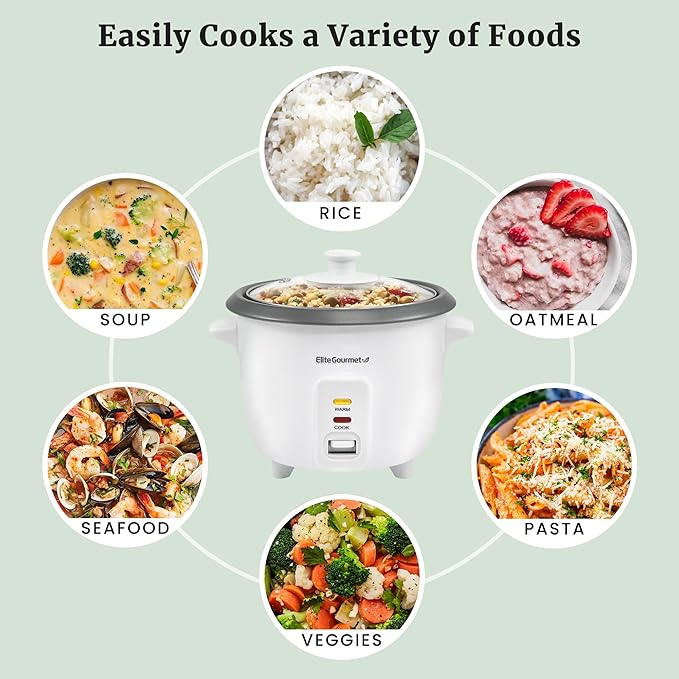 Elite Gourmet ERC-006NST Maxi-Matic Electric Rice Cooker with Non-Stick Inner Pot Makes Soups, Stews, Grains, Cereals, Keep Warm Feature, 6 Cups Cooked (3 Cups Uncooked), White