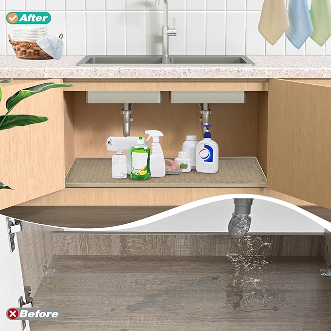 Waterproof Under Sink Mat 22" x 19", Silicone Cabinet Liner, Rubber Protector for Kitchen and Bathroom, Keeps Cabinets Clean, Dry, and Organized (Khaki)