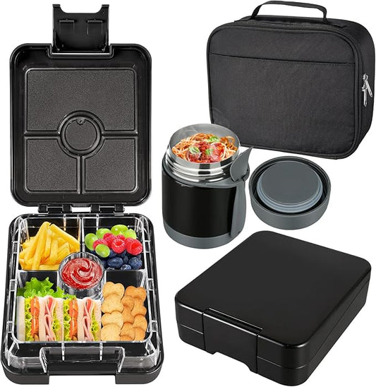 Bento Lunch Box Set for Kids with 10oz Soup Thermo, Leak-Proof Lunch Containers with 4 Compartment, Kids Thermo Hot Food Jar and Insulated Lunch Bag for Kid to School,BPA-Free(Black)