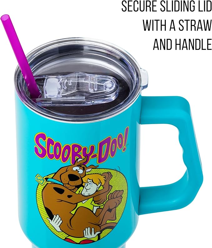 Silver Buffalo Scooby-Doo Featuring Scared Shaggy and Scooby Stainless Steel Tumbler with Handle and Straw, Fits in Standard Cup Holder, 40 Ounces
