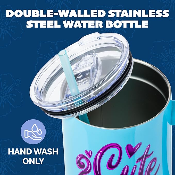 Silver Buffalo Disney Lilo and Stitch “2 Cute” Stainless Steel Tumbler with Handle, Fits in Standard Cup Holder, 40 Ounces