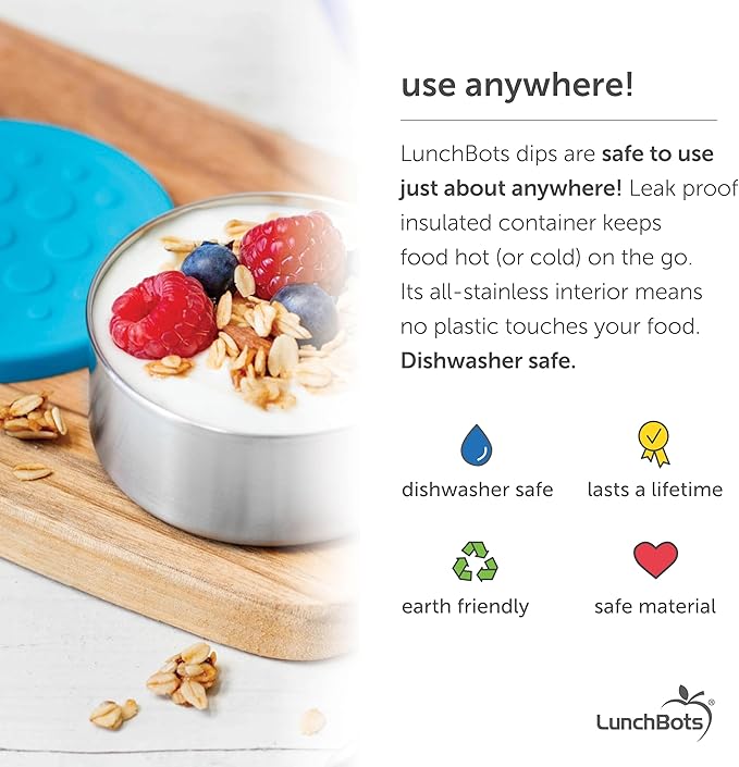 LunchBots 4.5 oz Stainless Steel Dressing Container for Condiments, Dips, Snacks, Dipping Sauce Cups with Silicone Lid, Fits in Lunch Bags and Bento Boxes - Set of 2 (Blue)