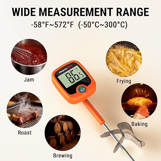 ThermoPro TP509 Candy Thermometer with Pot Clip, 10" Long Probe Instant Read Meat Food Thermometer with LCD, Cooking Oil Thermometer Deep Frying Thermometer for Candy Maple Syrup Sugar Brewing Making