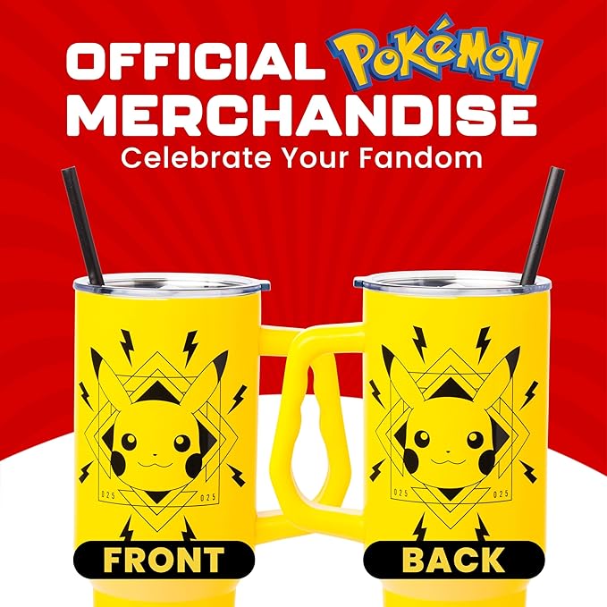 Silver Buffalo Pokémon Lightning Stainless Steel Tumbler with Handle Featuring Pikachu, Fits in Standard Cup Holder, 40 Ounces