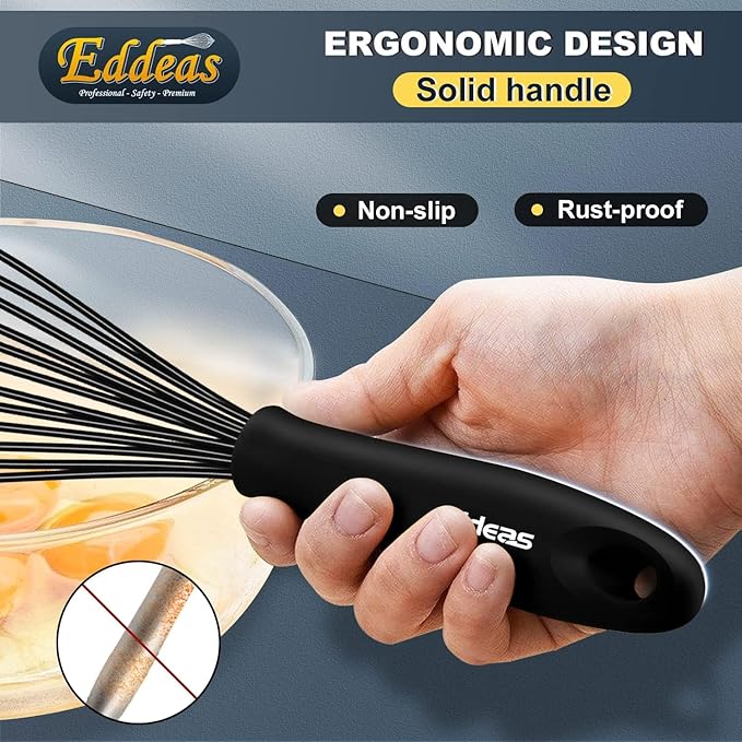 Silicone Whisk, Eddeas Stainless Steel & Silicone Non-Stick Coated Whisks set of 3-Heat Resistant Kitchen Whisks, Balloon Egg Beater Perfect for Blending, Whisking, Beating & Stirring, Black