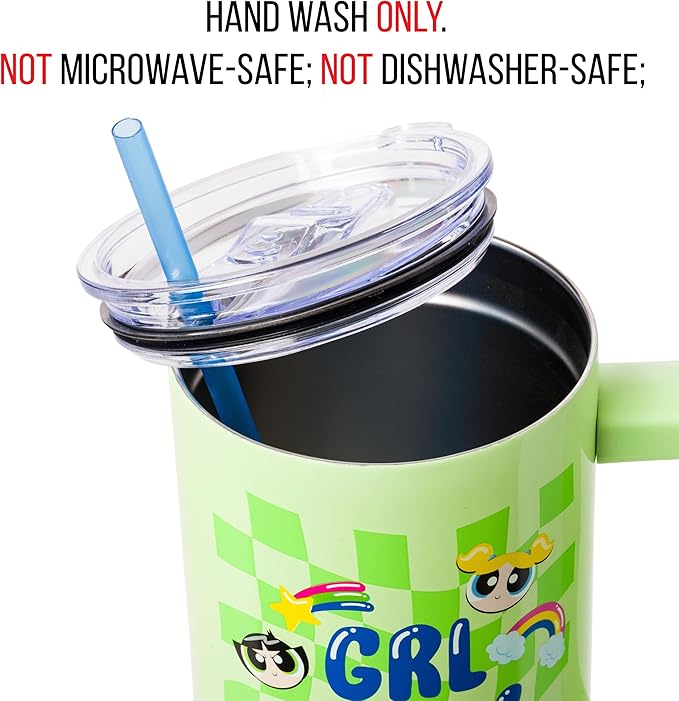 Silver Buffalo Powerpuff Girls Girl Power Groovy Retro Featuring Blossom, Bubbles, and Buttercup Stainless Steel Tumbler with Handle and Straw, Fits in Standard Cup Holder, 40 Ounces