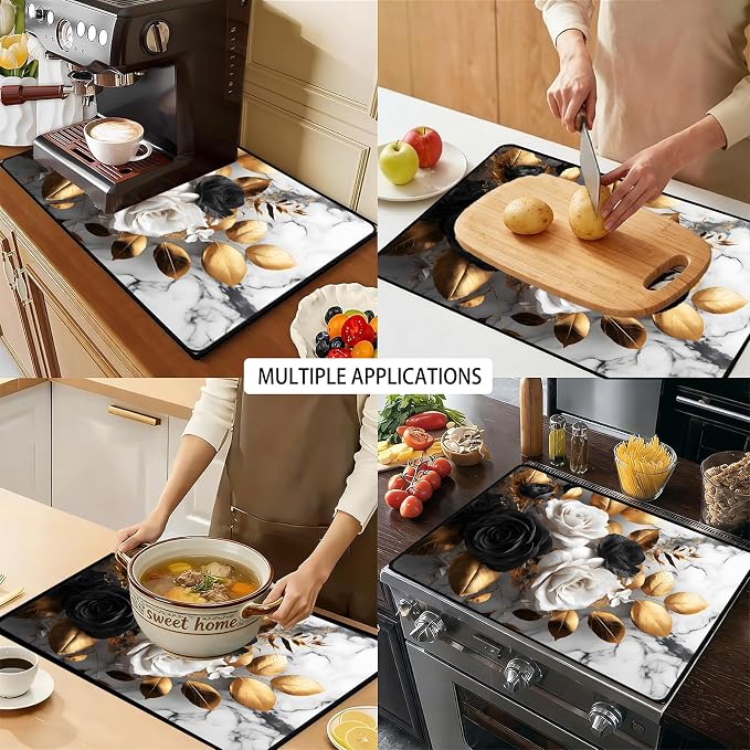 Black White Rose Stove Top Cover 28.3 x 20.5 Inches, Heat Resistant Glass Stove - Image 9