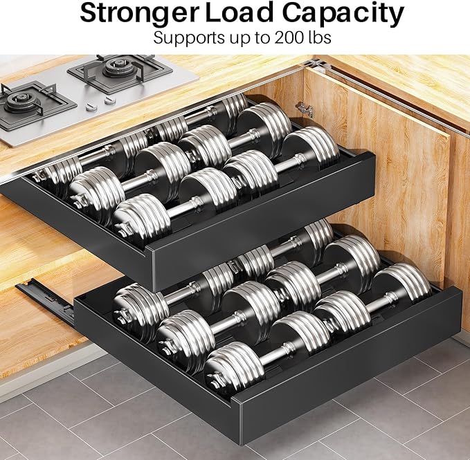 Kitstorack 2Pack Pull out Cabinet Organizer, 21" Deep, Heavy Duty Full-extension Slide out Drawers for Kitchen Cabinet, Roll out Shelf Storage with Nano Adhesive for Pots, Bathroom, Pantry,Home,Black