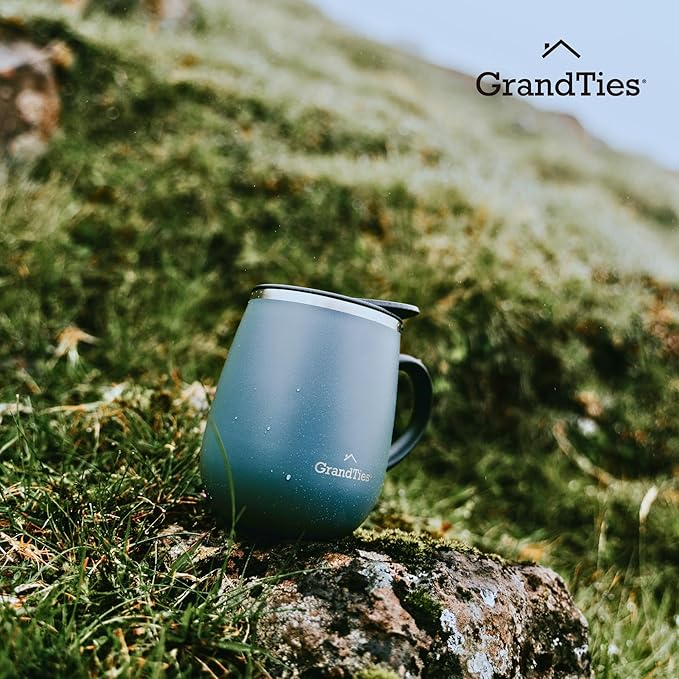 GRANDTIES Insulated Coffee Mug with Handle - Sliding Lid for Splash-Proof 16oz Wine-Glass Shape Thermal Tumbler with Double Walled Vacuum Stainless Steel to Keeps Beverages Hot or Cold-Stone Grey
