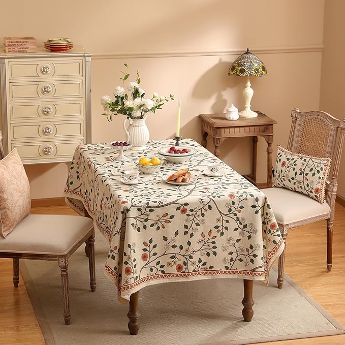 ISAENNE Designer Floral Small Rectangle Tablecloth,French Linen Light Beige Indoor Table Cloth,Fall Wrinkle Resistant Decor Tablecloths for Dining Thanksgiving Kitchen,55"*71"-Flora A