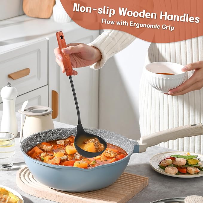 FJNATINH Wok Tools, Wok Utensil,Wok Spatula,Ladle,Skimmer Tool Set,Non Stick Heat-Resistant Silicone Cooking Utensils BPA Free Kitchen Utensils Cookware, Pack of 3,Black