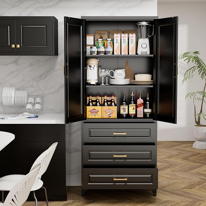 75" Tall Metal Storage Cabinet, Kitchen Pantry Storage Cabinets with Doors and Shelves, Black Pantry Cabinet with 3 Drawer, Utility Kitchen Cupboard, Large Steel Cabinets for Dining Room